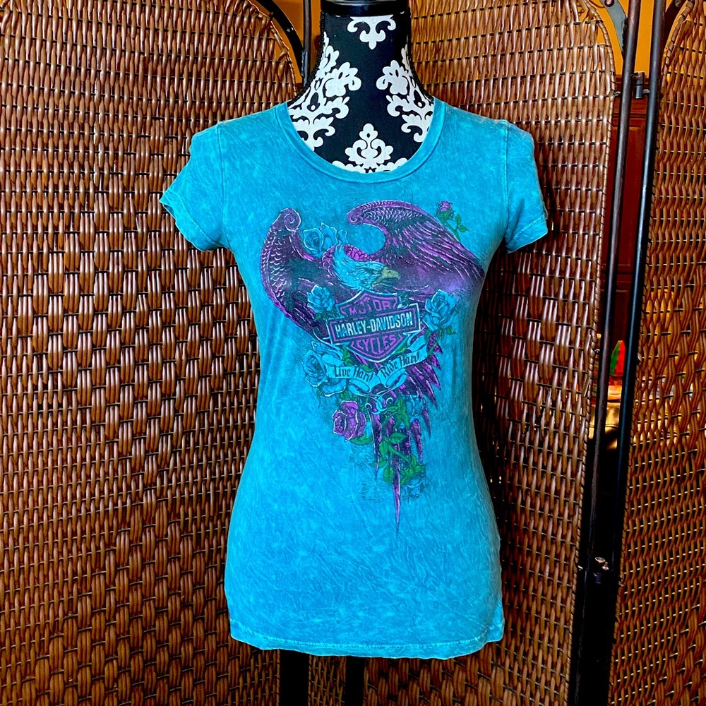 Harley Davidson teal & purple women’s top size S from Edmonton, Alberta Canada